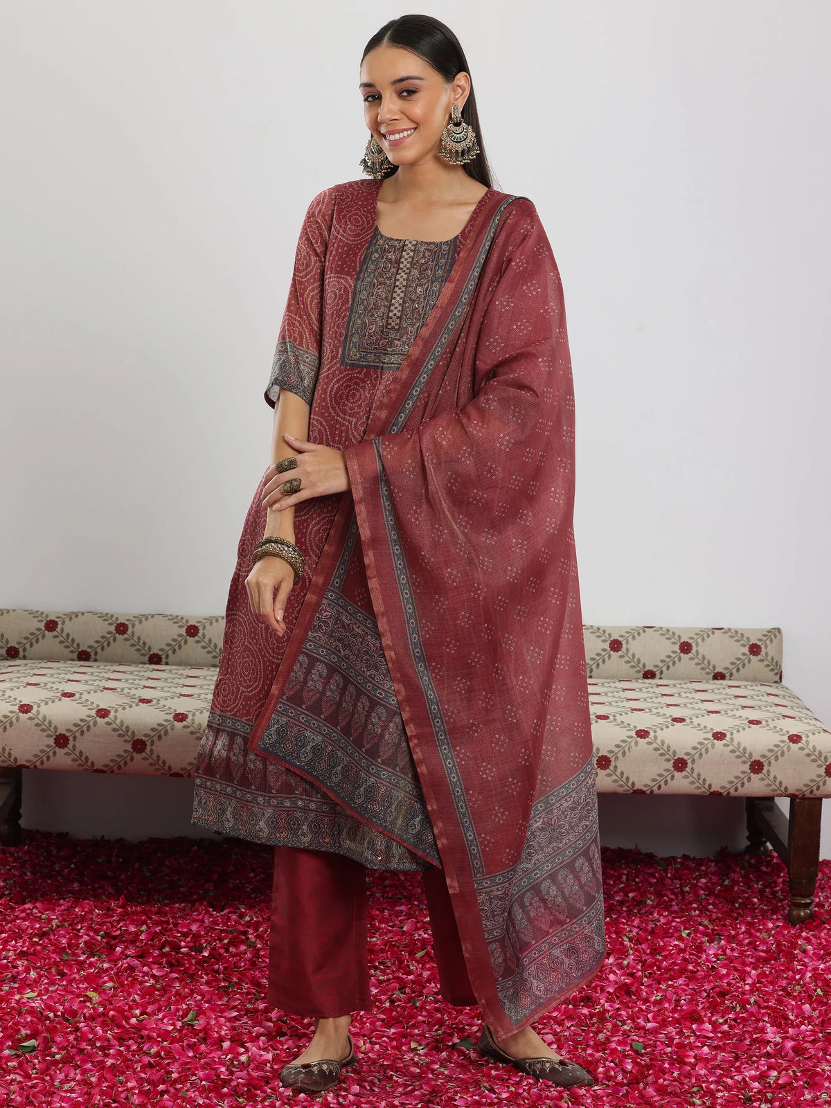 Anouk Maroon Printed Silk Blend Straight Suit With Dupatta