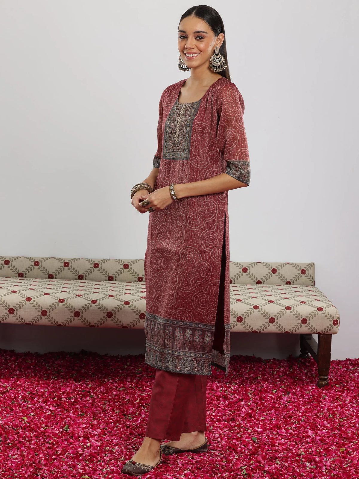 Anouk Maroon Printed Silk Blend Straight Suit With Dupatta