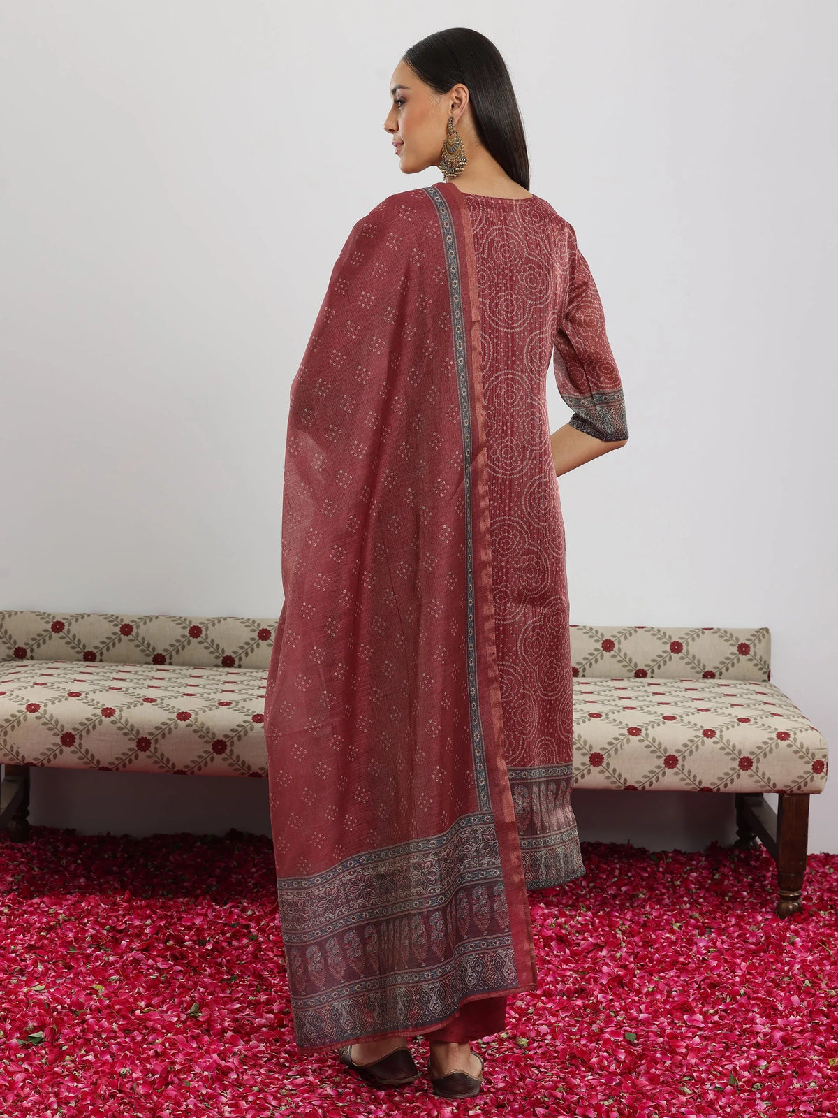 Anouk Maroon Printed Silk Blend Straight Suit With Dupatta
