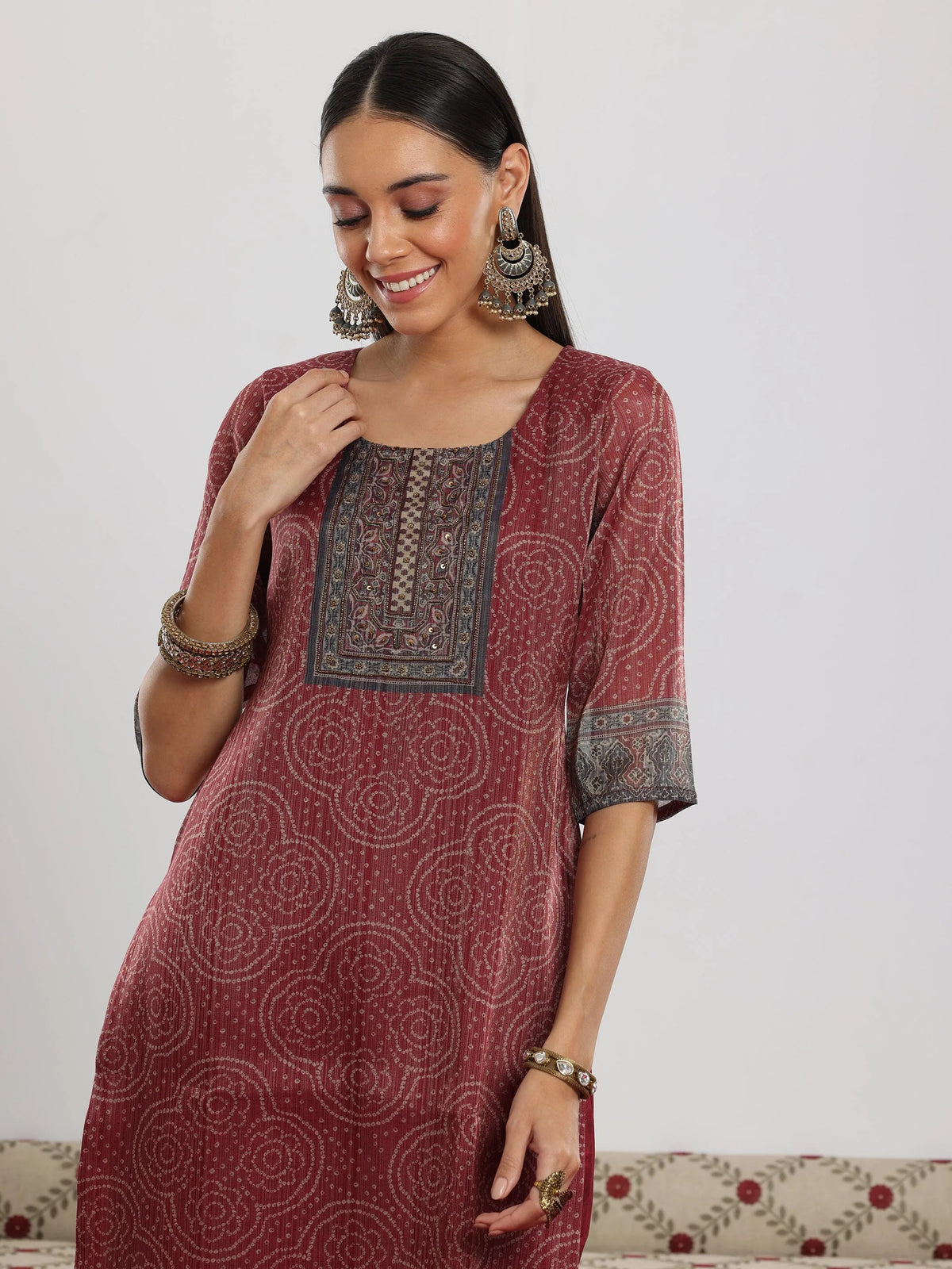 Anouk Maroon Printed Silk Blend Straight Suit With Dupatta