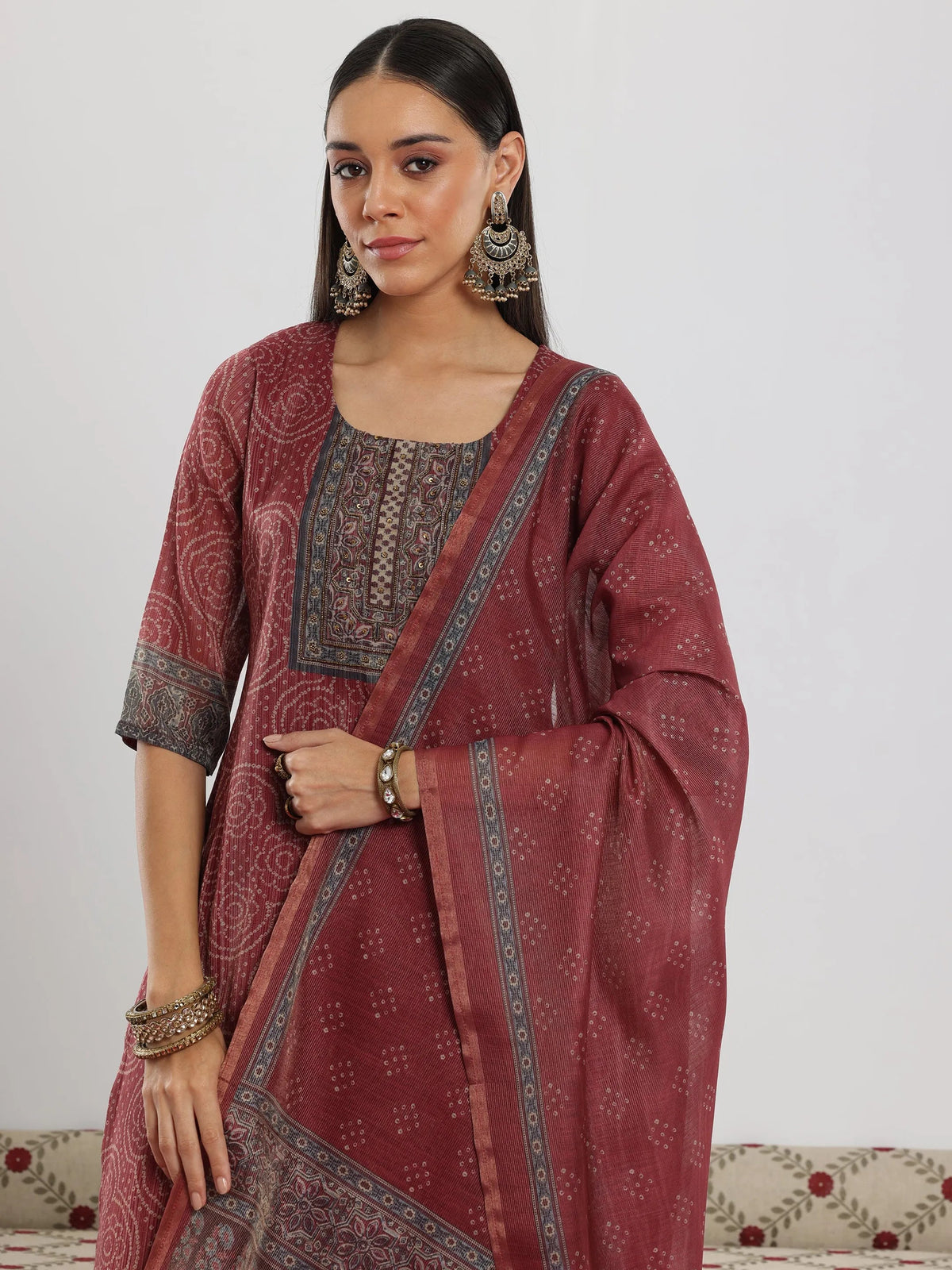 Anouk Maroon Printed Silk Blend Straight Suit With Dupatta