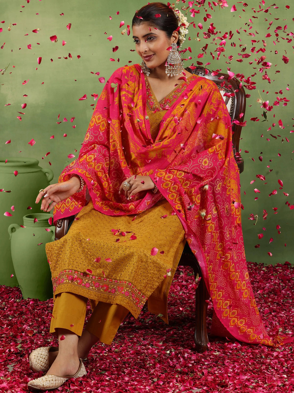Anouk Mustard Embroidered Cotton Straight Suit With Dupatta