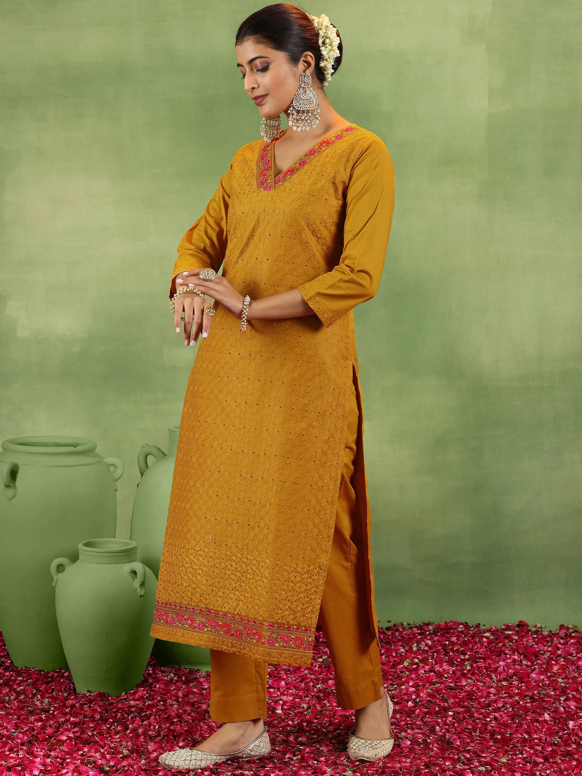 Anouk Mustard Embroidered Cotton Straight Suit With Dupatta
