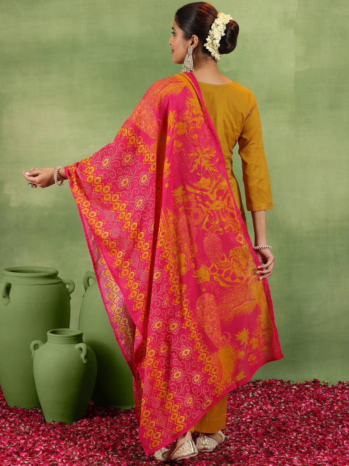 Anouk Mustard Embroidered Cotton Straight Suit With Dupatta