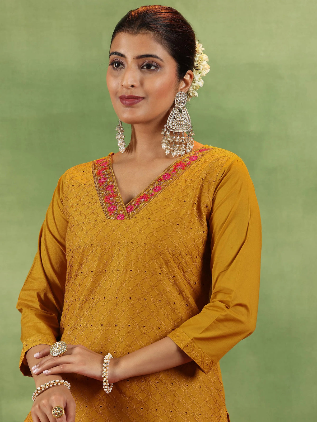Anouk Mustard Embroidered Cotton Straight Suit With Dupatta