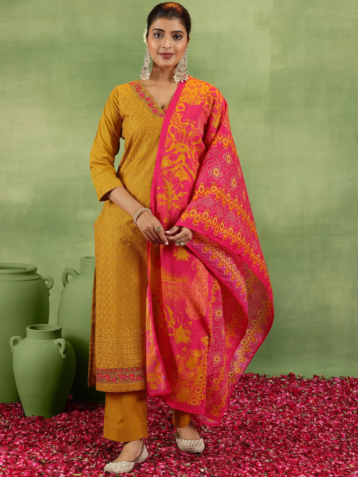 Anouk Mustard Embroidered Cotton Straight Suit With Dupatta