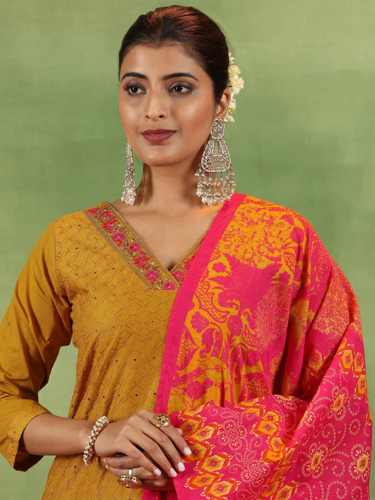 Anouk Mustard Embroidered Cotton Straight Suit With Dupatta