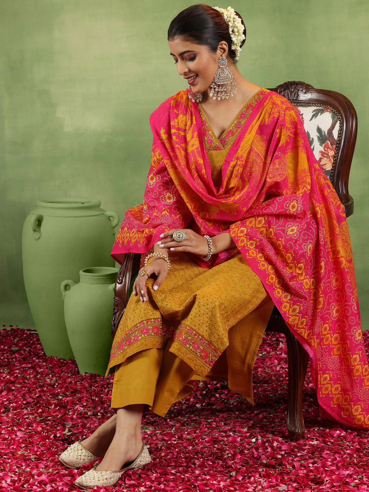 Anouk Mustard Embroidered Cotton Straight Suit With Dupatta