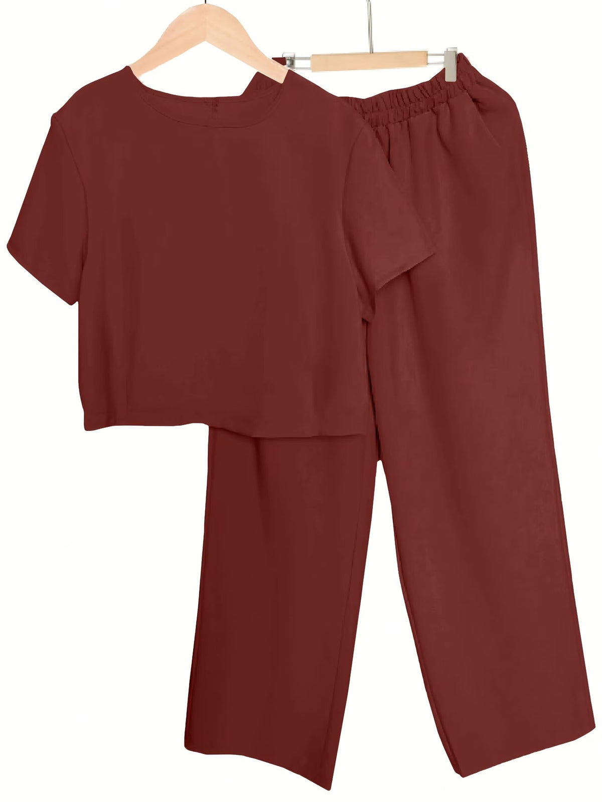 Women's Solid Color Short Sleeve Top & Wide-Leg Pants Co-Ord Set