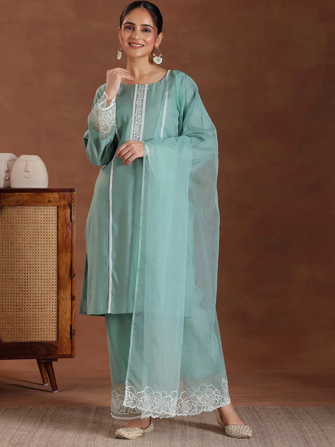 Anouk Green Self Design Silk Blend Straight Suit With Dupatta