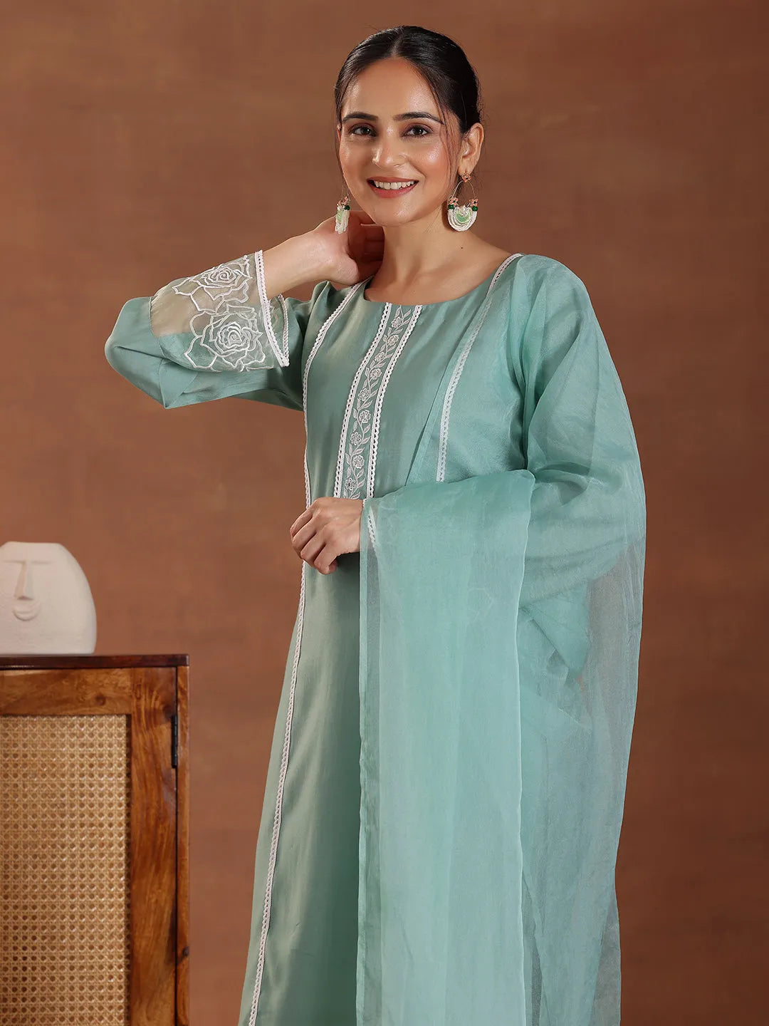Anouk Green Self Design Silk Blend Straight Suit With Dupatta