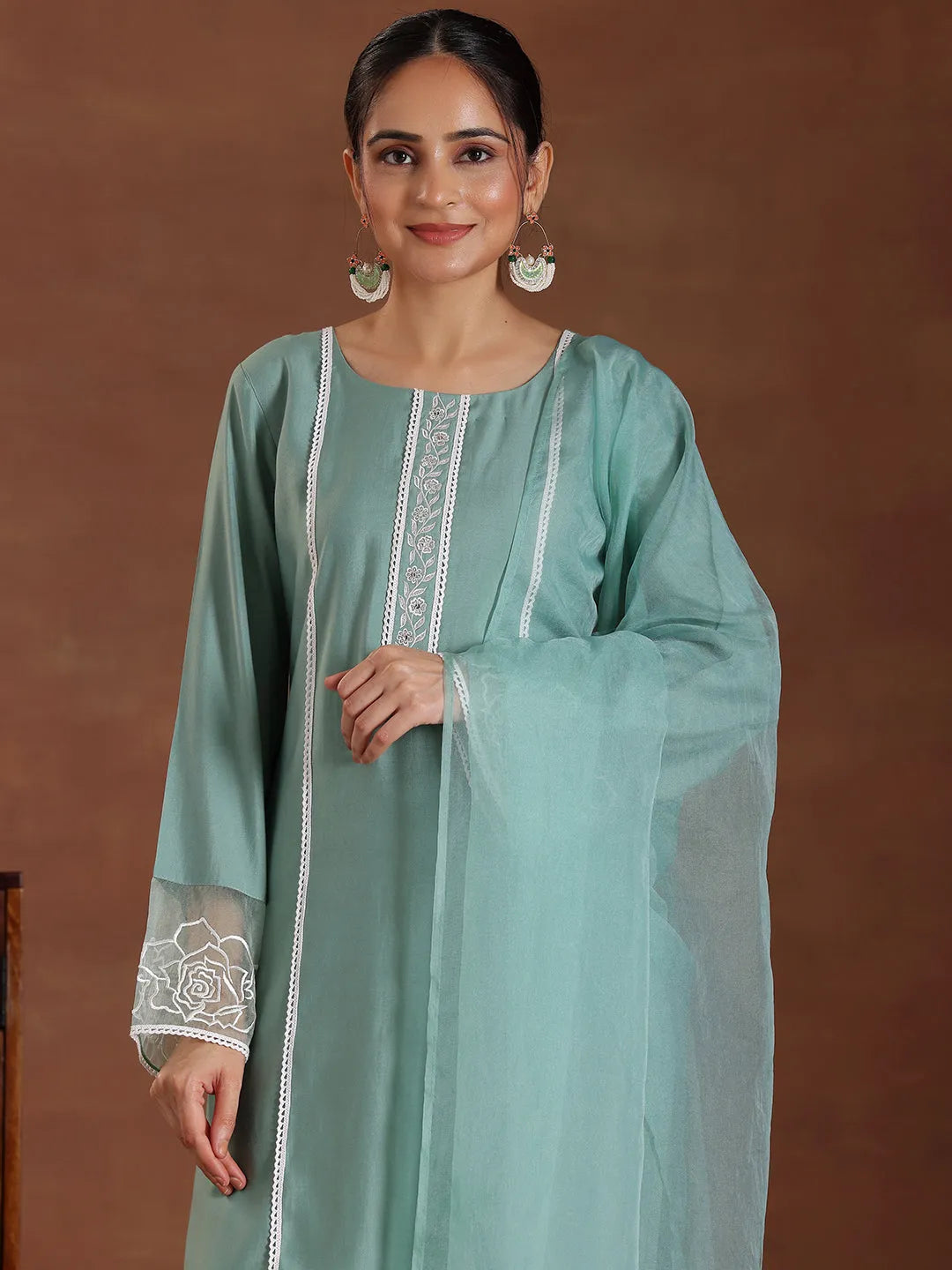 Anouk Green Self Design Silk Blend Straight Suit With Dupatta