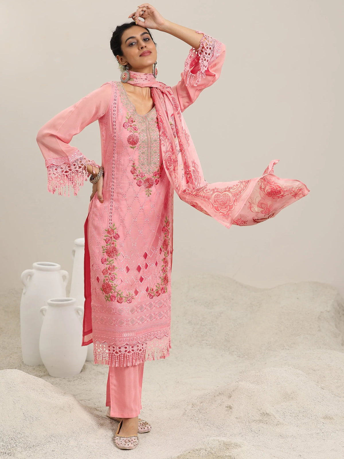 Anouk Pink Embroidered Organza Straight Suit With Dupatta