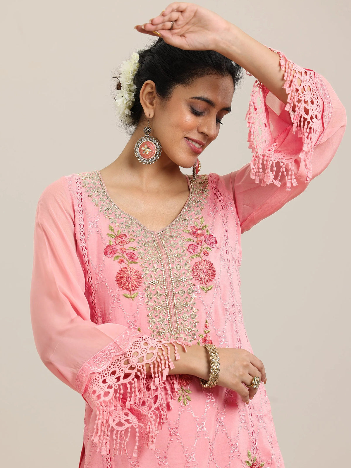 Anouk Pink Embroidered Organza Straight Suit With Dupatta