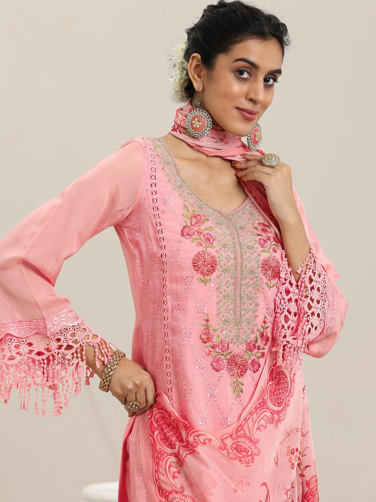 Anouk Pink Embroidered Organza Straight Suit With Dupatta