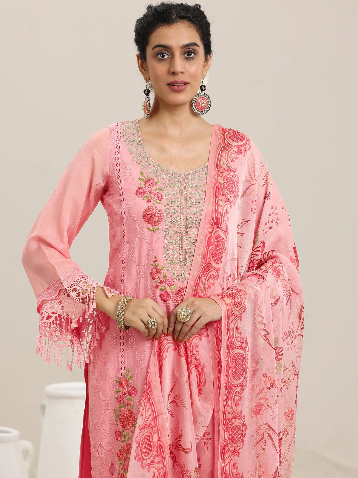 Anouk Pink Embroidered Organza Straight Suit With Dupatta