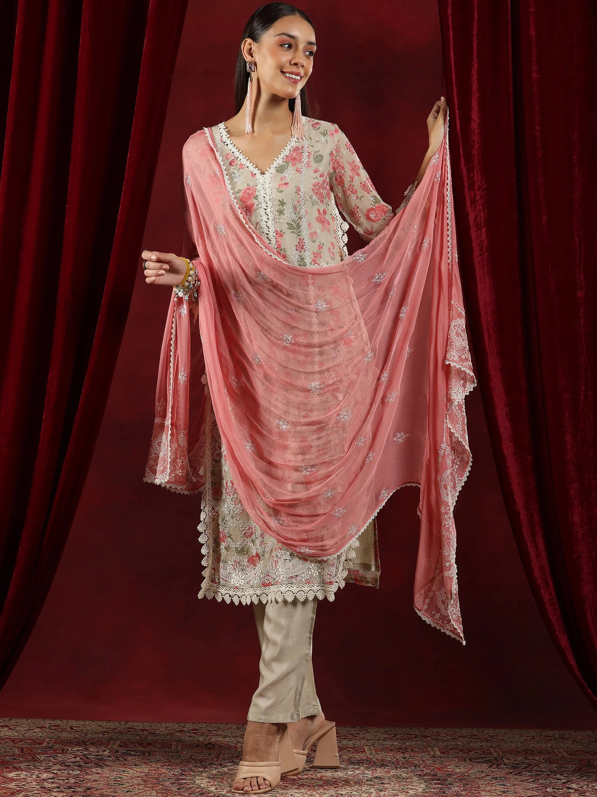 Anouk Art Beige Printed Organza Straight Suit With Dupatta