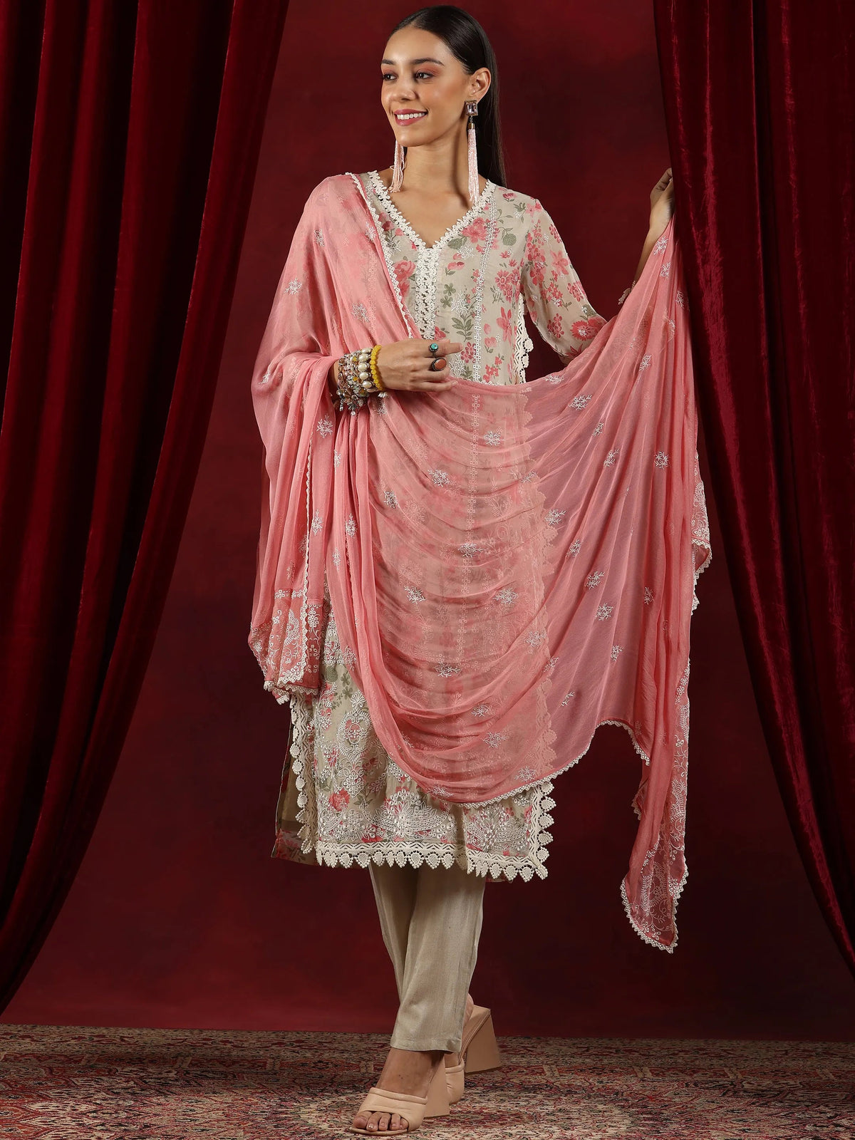 Anouk Art Beige Printed Organza Straight Suit With Dupatta