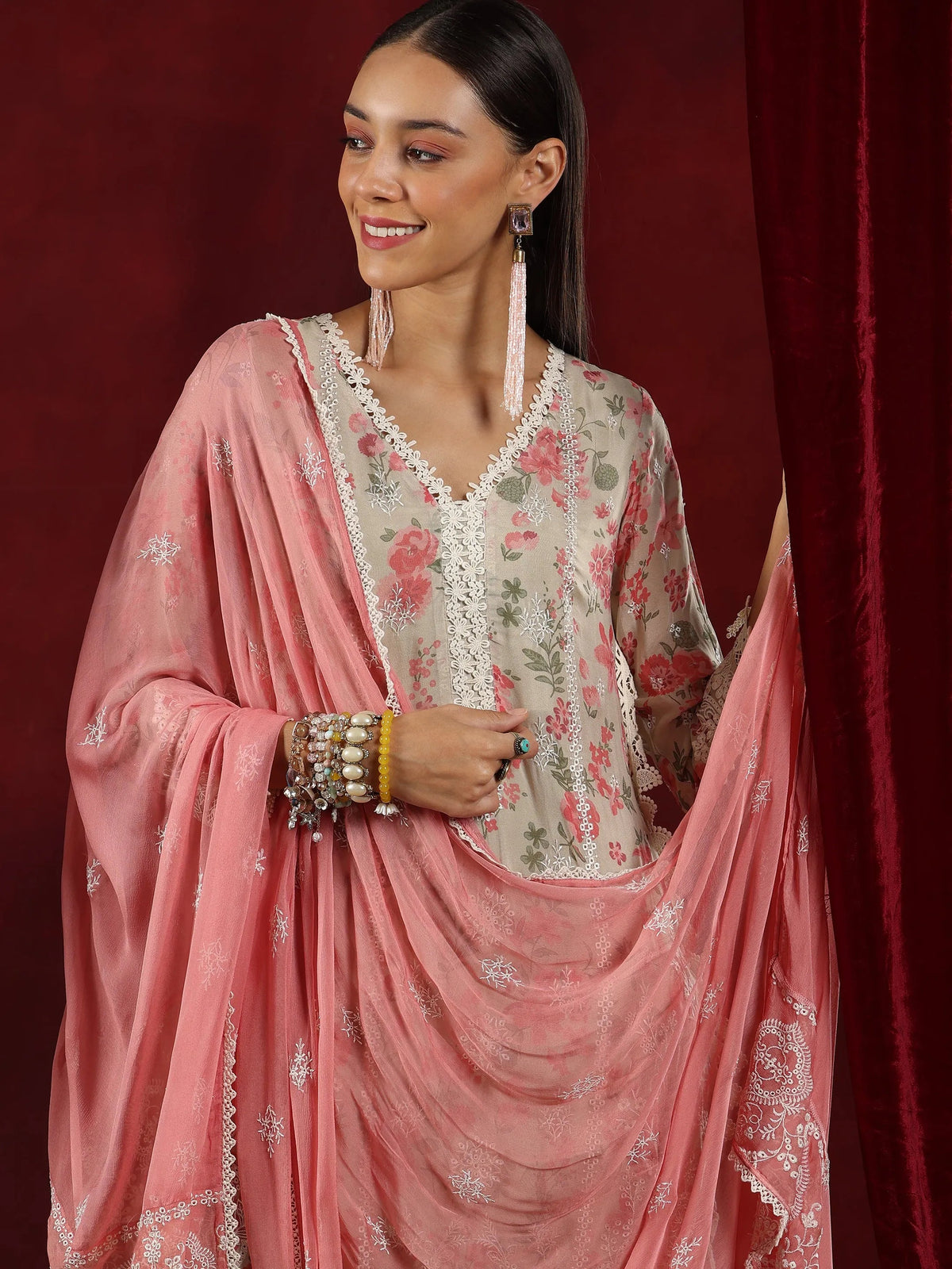 Anouk Art Beige Printed Organza Straight Suit With Dupatta