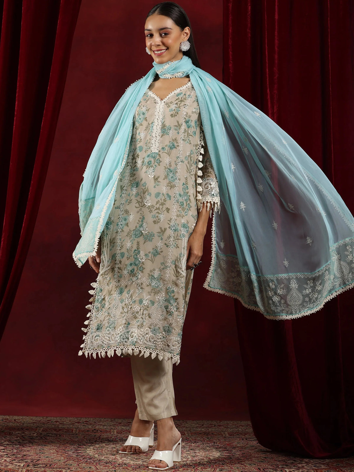 Anouk Art Beige Printed Organza Straight Suit With Dupatta