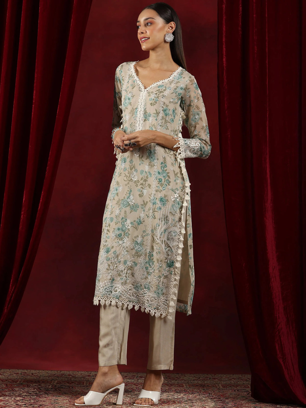 Anouk Art Beige Printed Organza Straight Suit With Dupatta