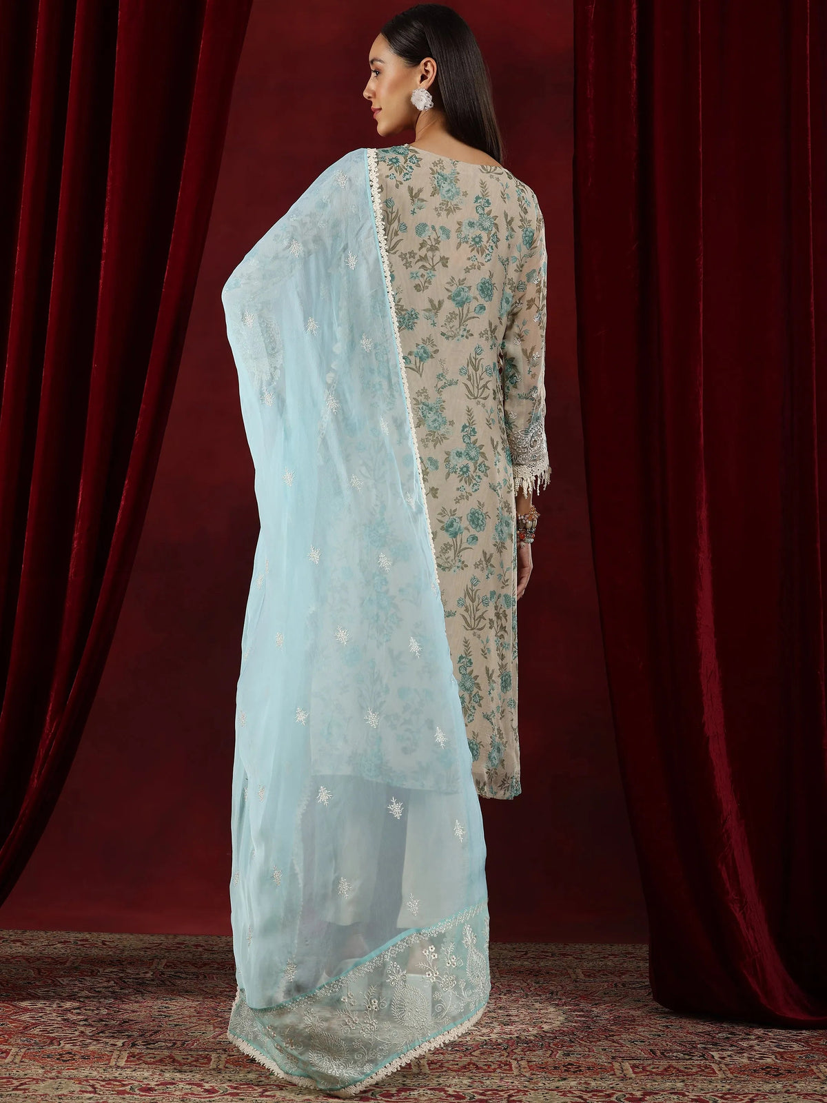 Anouk Art Beige Printed Organza Straight Suit With Dupatta