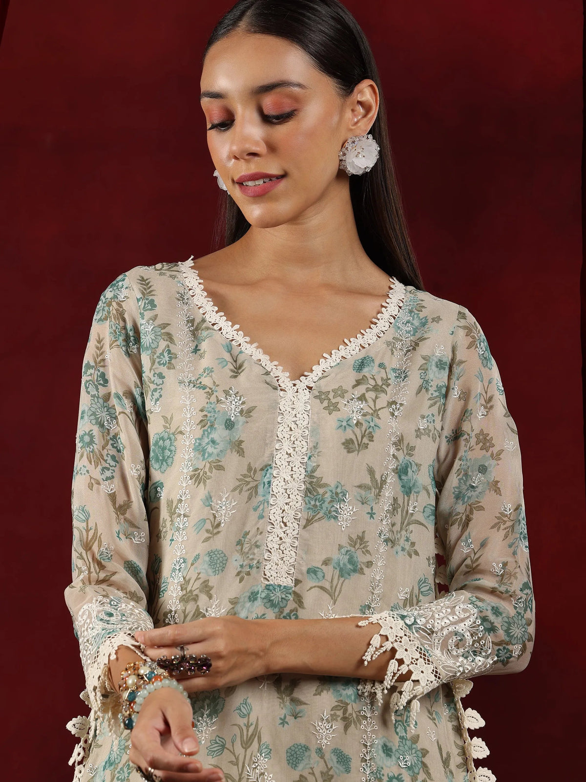 Anouk Art Beige Printed Organza Straight Suit With Dupatta