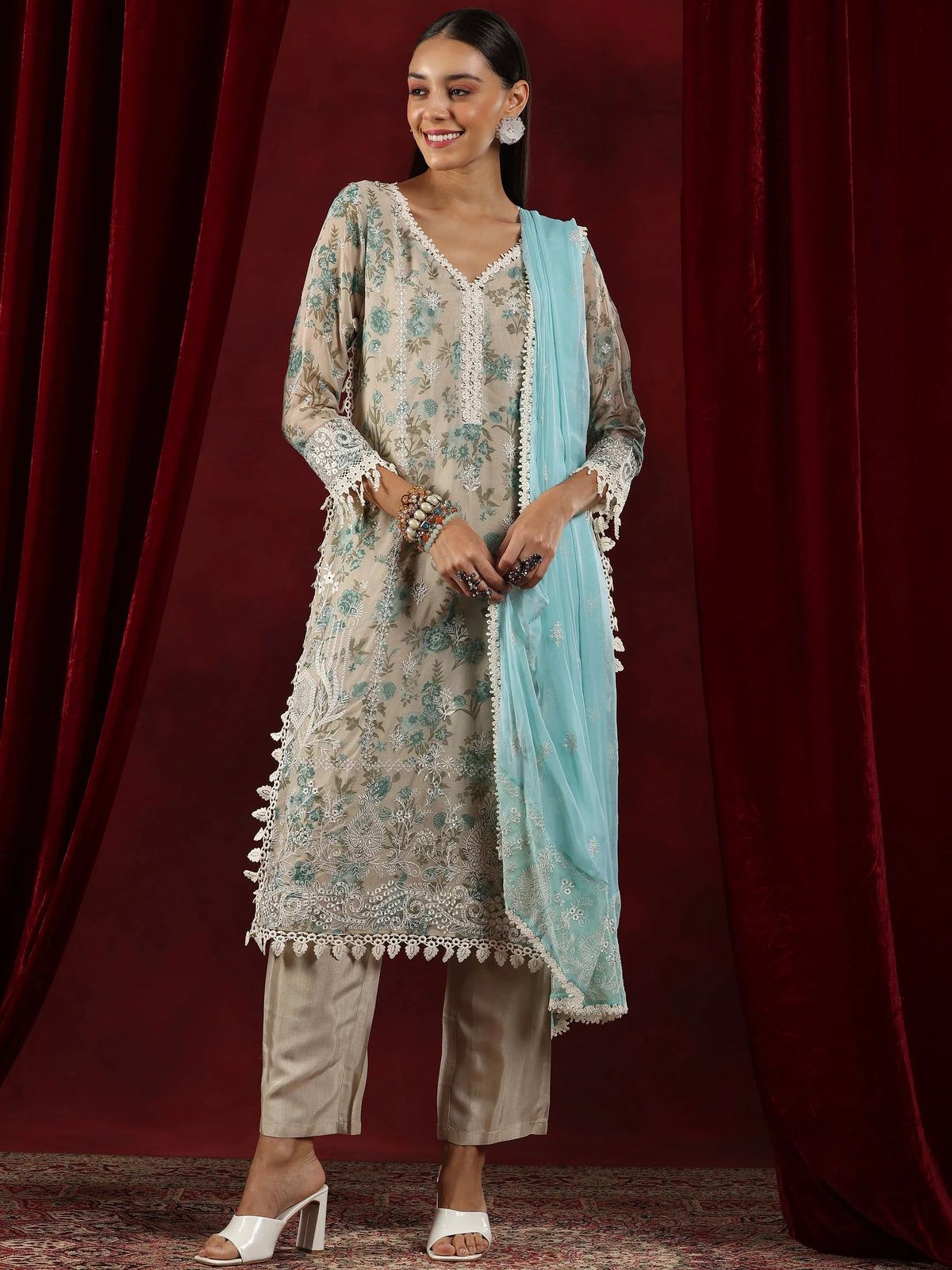 Anouk Art Beige Printed Organza Straight Suit With Dupatta