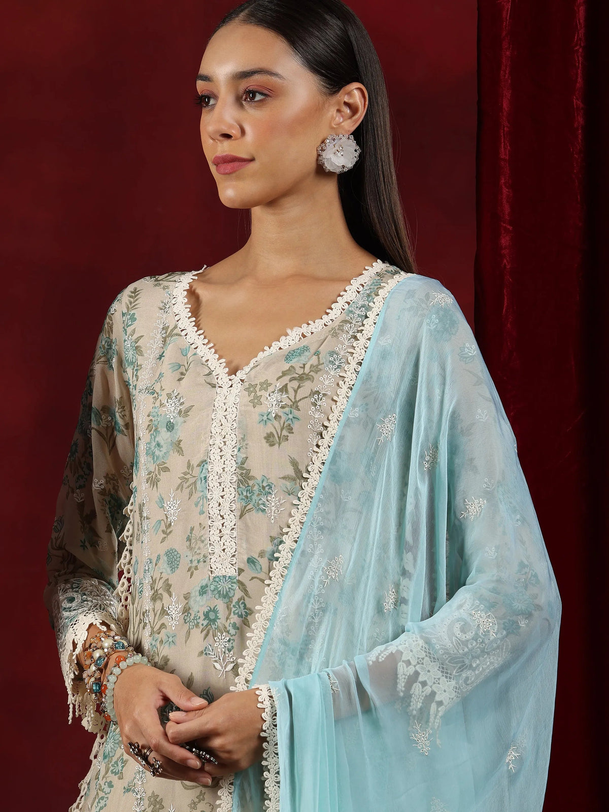 Anouk Art Beige Printed Organza Straight Suit With Dupatta