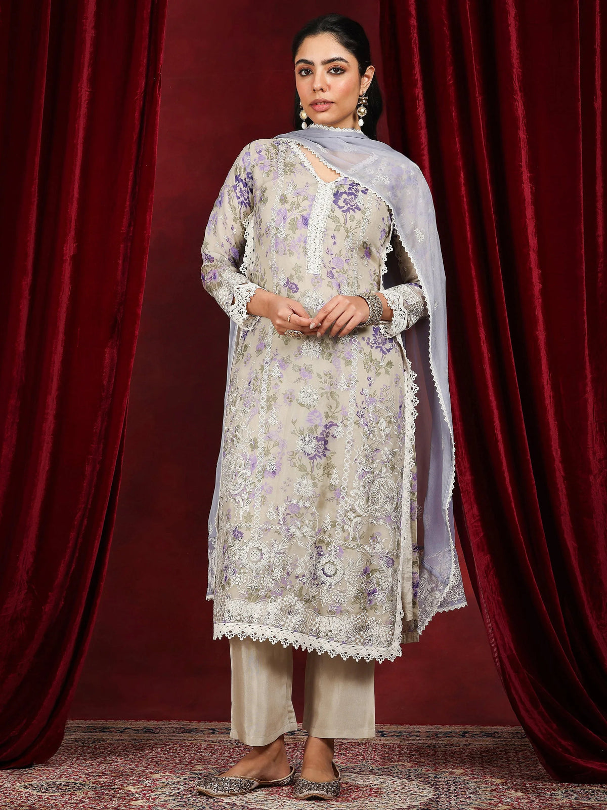 Anouk Art Grey Printed Organza Straight Suit With Dupatta