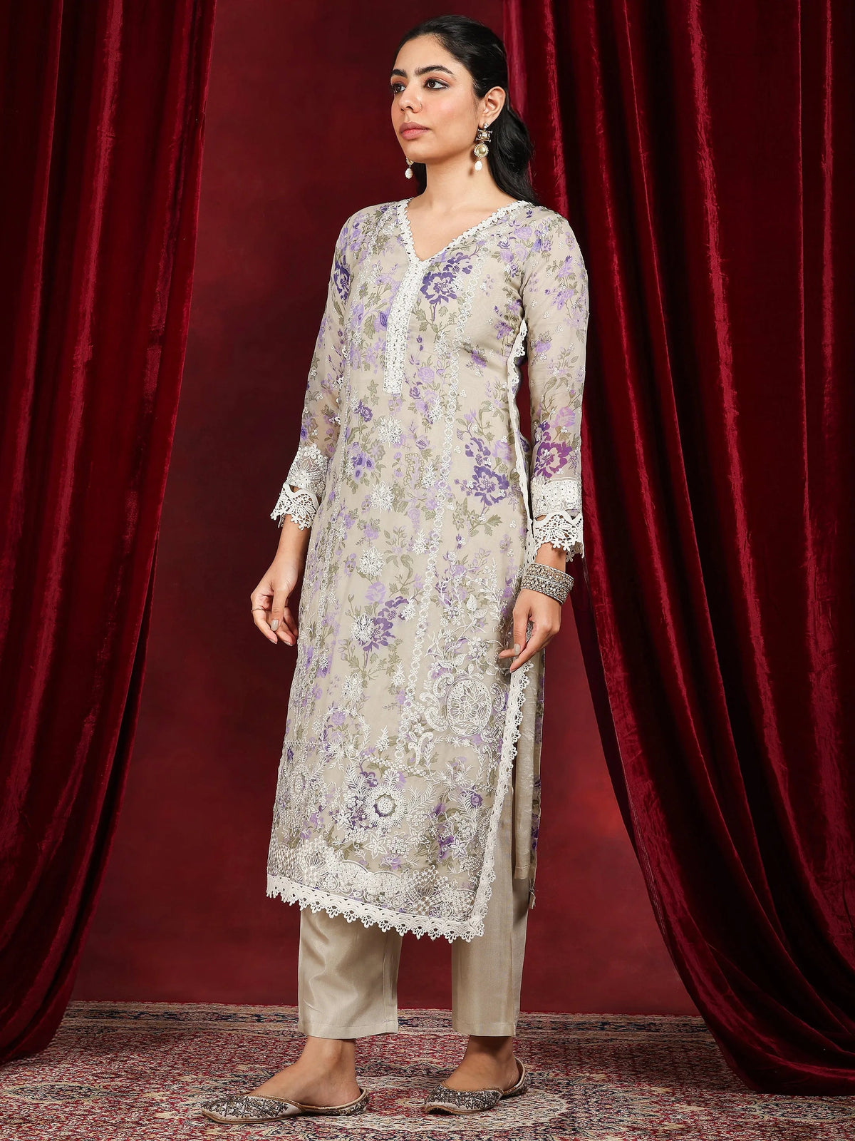 Anouk Art Grey Printed Organza Straight Suit With Dupatta