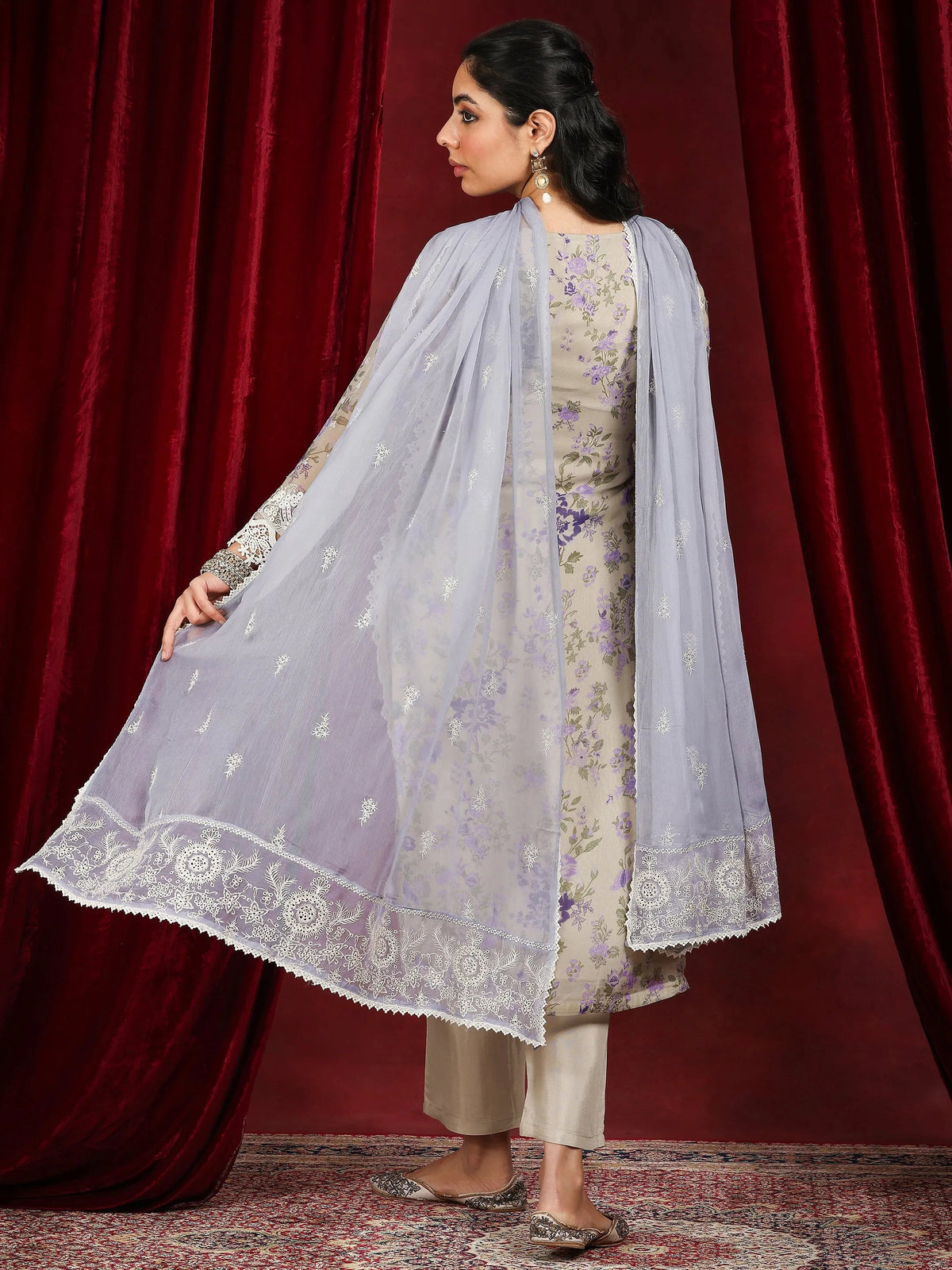 Anouk Art Grey Printed Organza Straight Suit With Dupatta