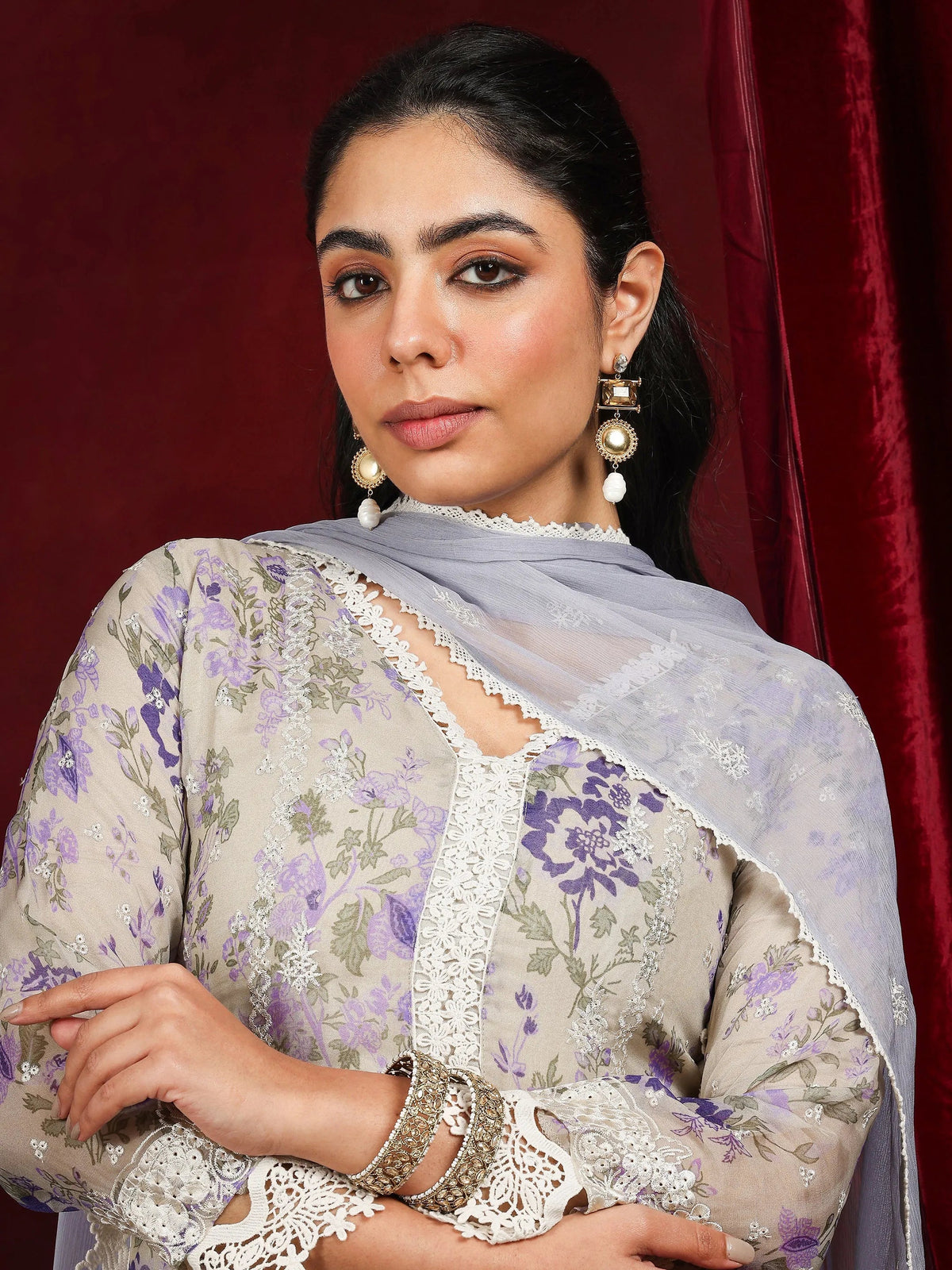 Anouk Art Grey Printed Organza Straight Suit With Dupatta