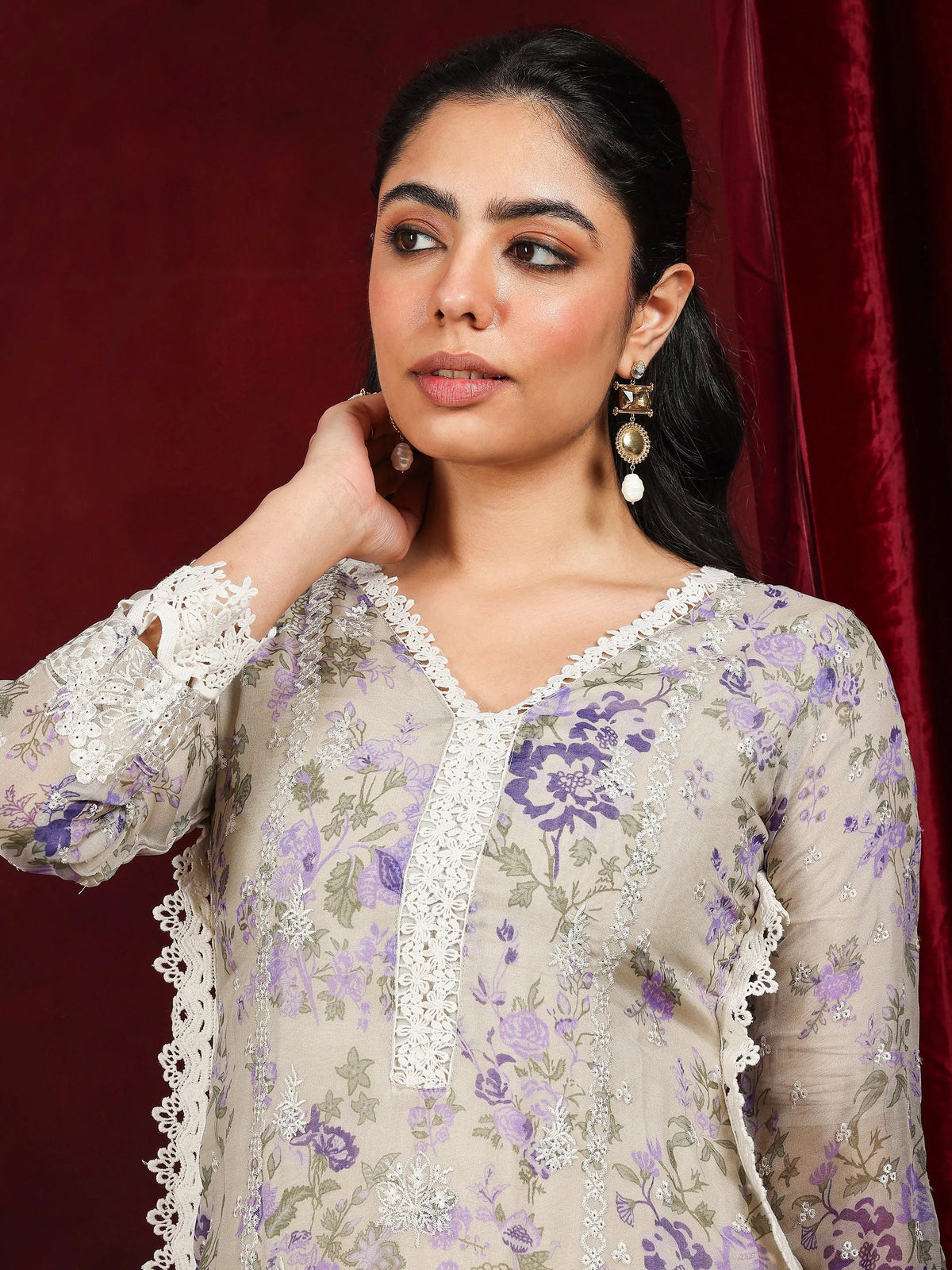 Anouk Art Grey Printed Organza Straight Suit With Dupatta