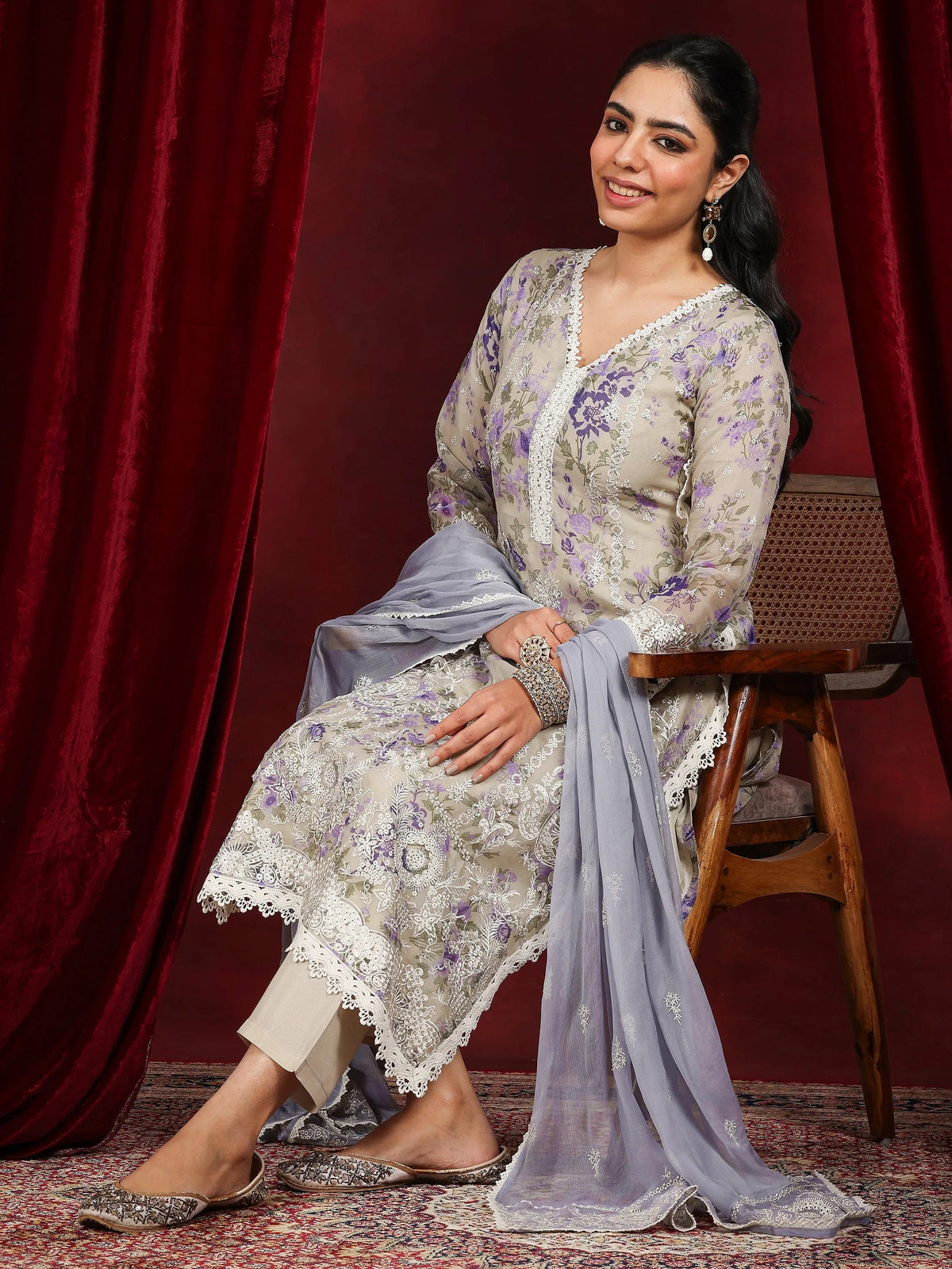 Anouk Art Grey Printed Organza Straight Suit With Dupatta