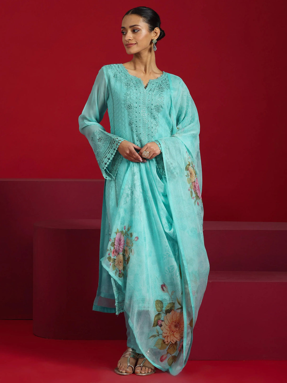 Anouk Art Turquoise Blue Embroidered Organza Straight Suit With Dupatta