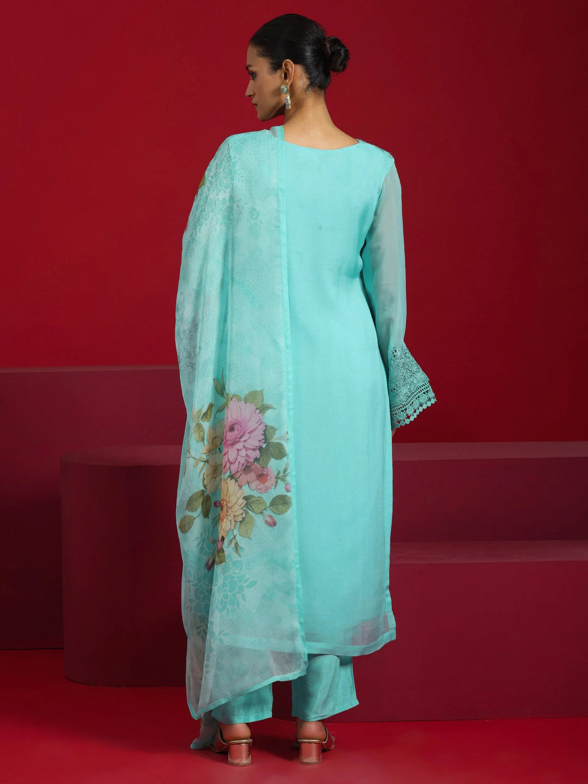 Anouk Art Turquoise Blue Embroidered Organza Straight Suit With Dupatta