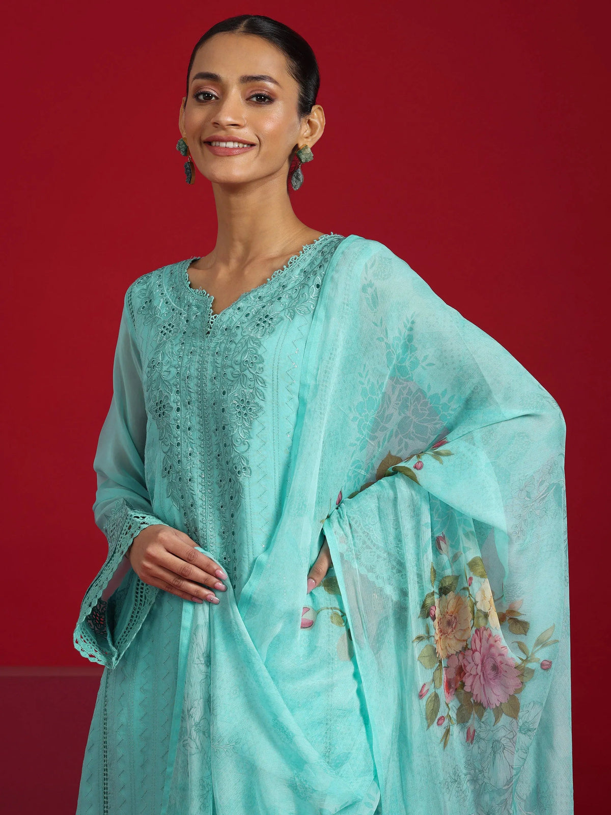 Anouk Art Turquoise Blue Embroidered Organza Straight Suit With Dupatta