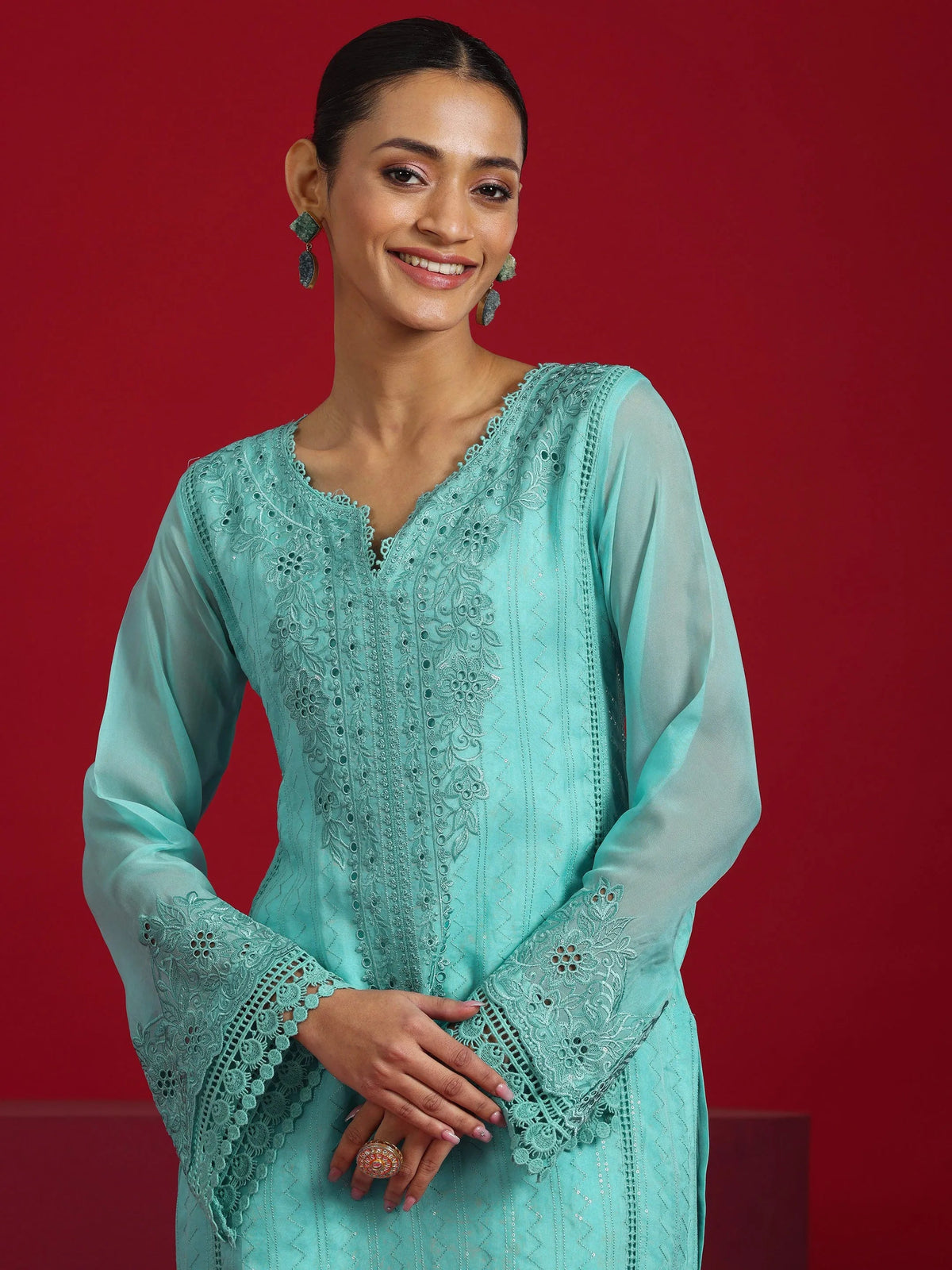 Anouk Art Turquoise Blue Embroidered Organza Straight Suit With Dupatta