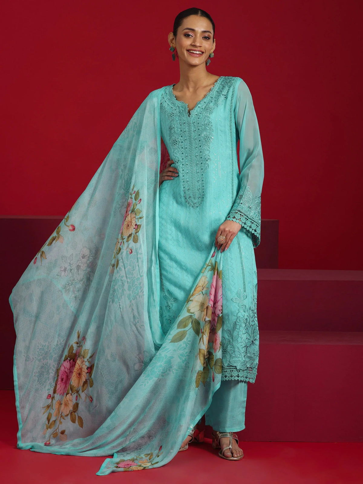 Anouk Art Turquoise Blue Embroidered Organza Straight Suit With Dupatta