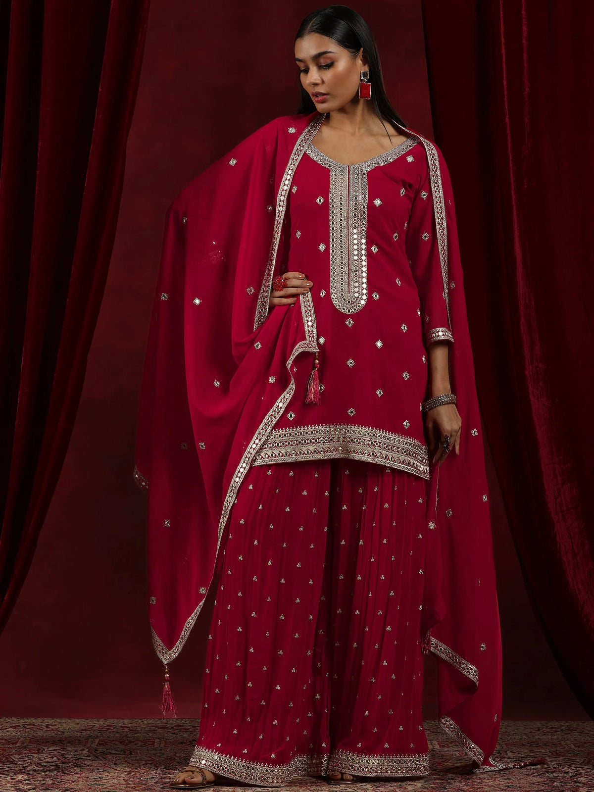 Anouk Surkh Red Embroidered Georgette Straight Suit With Dupatta