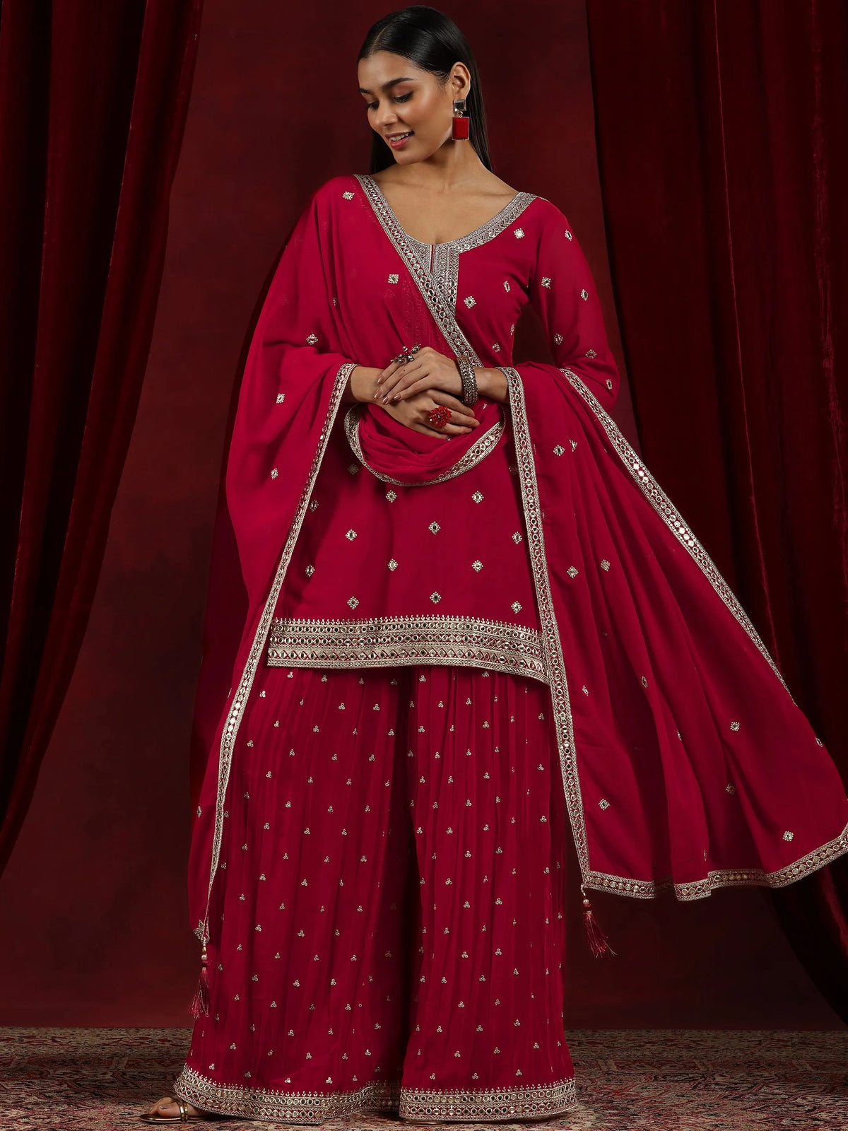 Anouk Surkh Red Embroidered Georgette Straight Suit With Dupatta