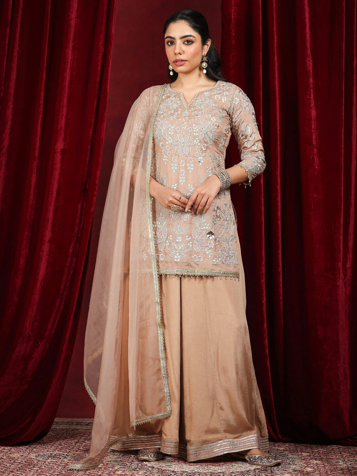 Anouk Art Nude Embroidered Silk Blend Straight Suit With Dupatta