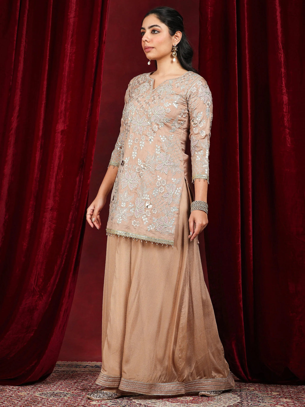 Anouk Art Nude Embroidered Silk Blend Straight Suit With Dupatta