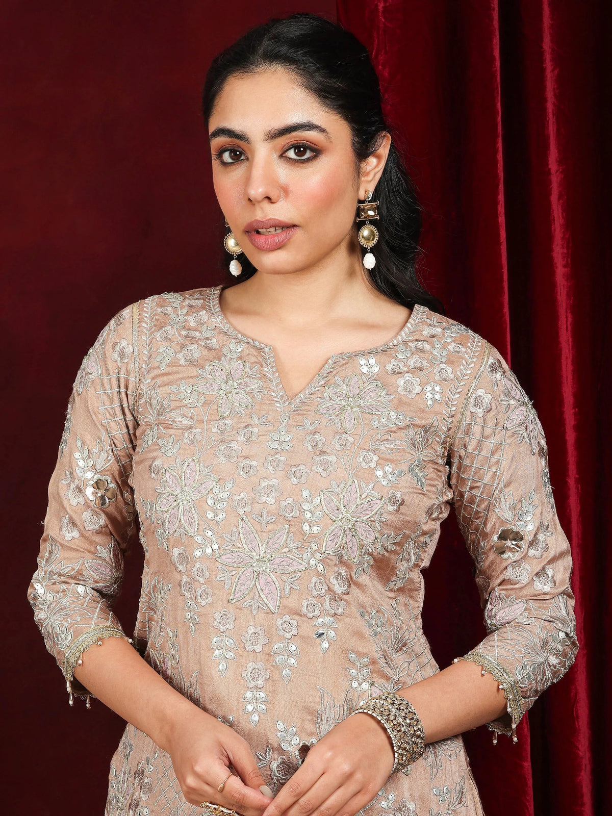 Anouk Art Nude Embroidered Silk Blend Straight Suit With Dupatta