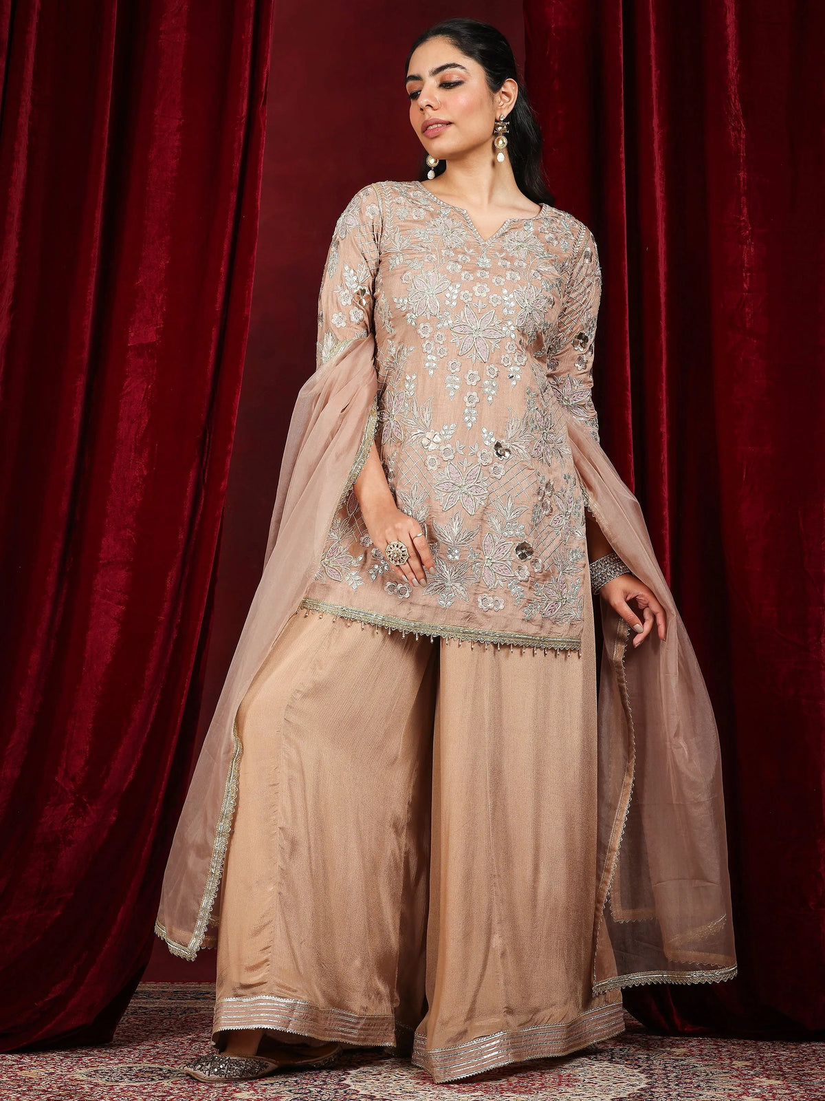 Anouk Art Nude Embroidered Silk Blend Straight Suit With Dupatta