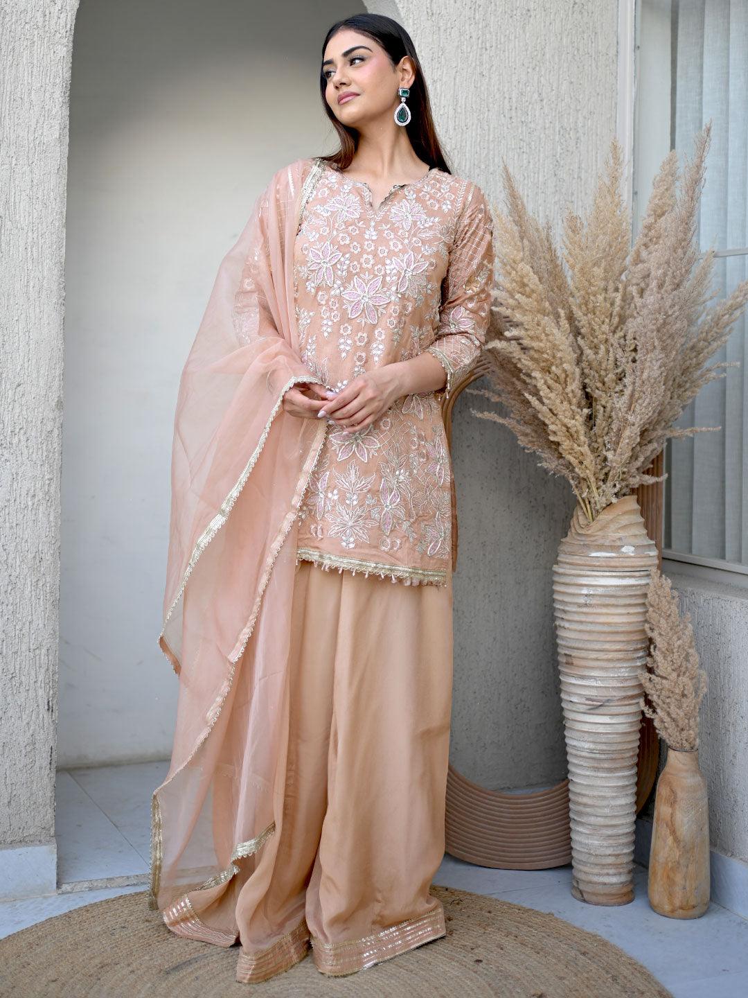 Anouk Art Nude Embroidered Silk Blend Straight Suit With Dupatta