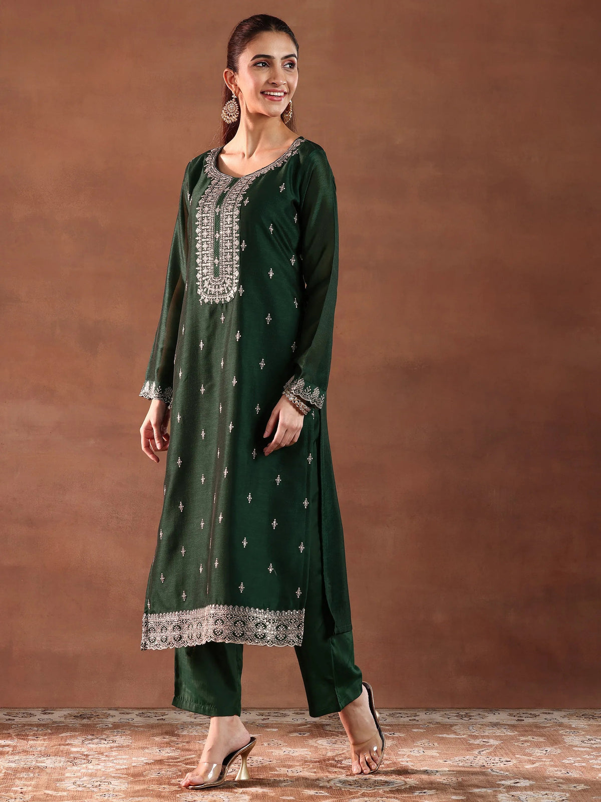Anouk Green Embroidered Silk Blend Straight Suit With Dupatta