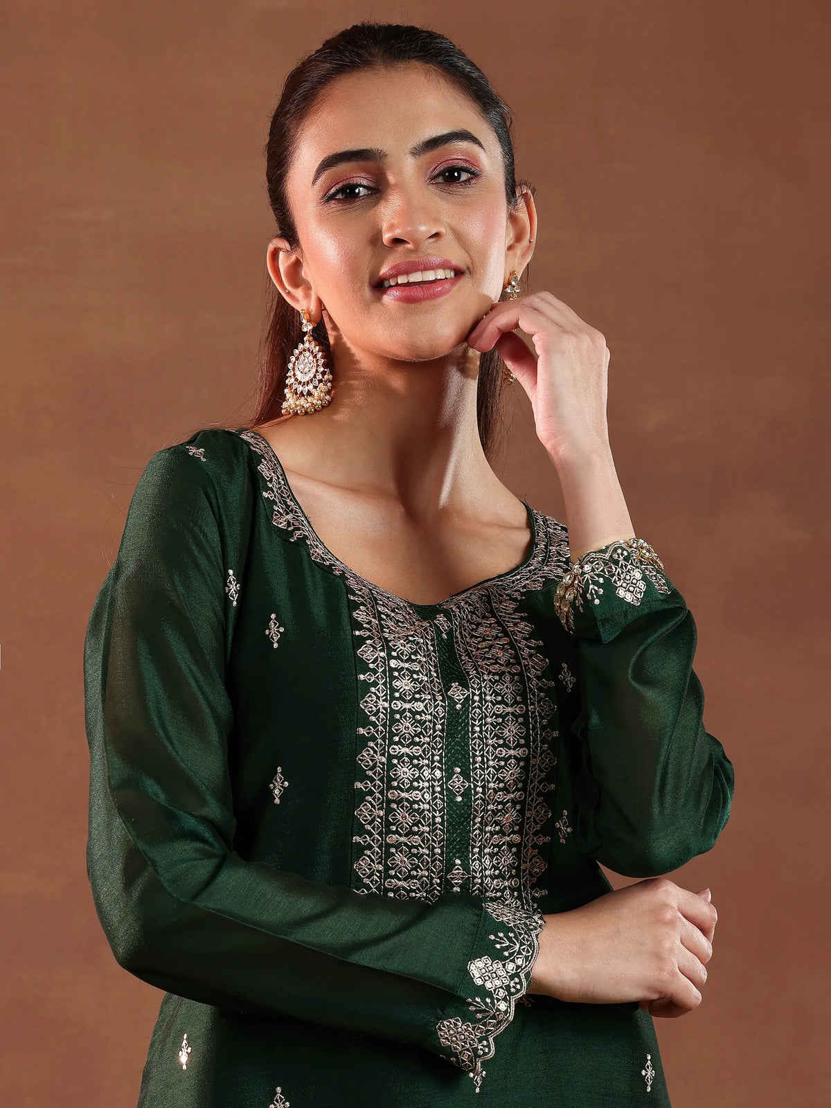 Anouk Green Embroidered Silk Blend Straight Suit With Dupatta