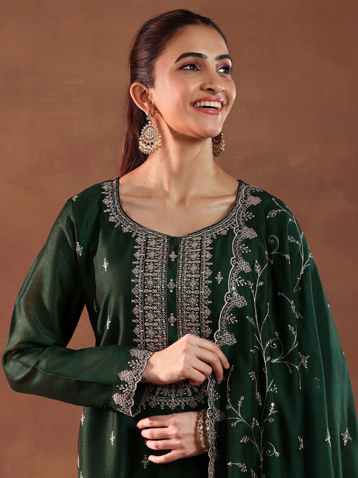 Anouk Green Embroidered Silk Blend Straight Suit With Dupatta